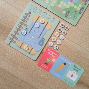 Sac à dos du jeu Randognon avec des jetons pour s'équiper. Des cartes sont aussi présentes : des malus, des équipements et du bonus (une trousse de secours)